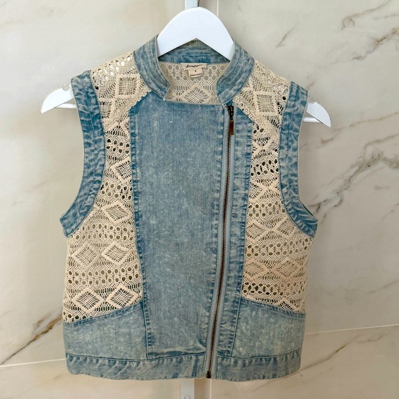 Vintage Baby Blue Denim and Cream Crochet/Lace Vest, Size S - Picture 1 of 6